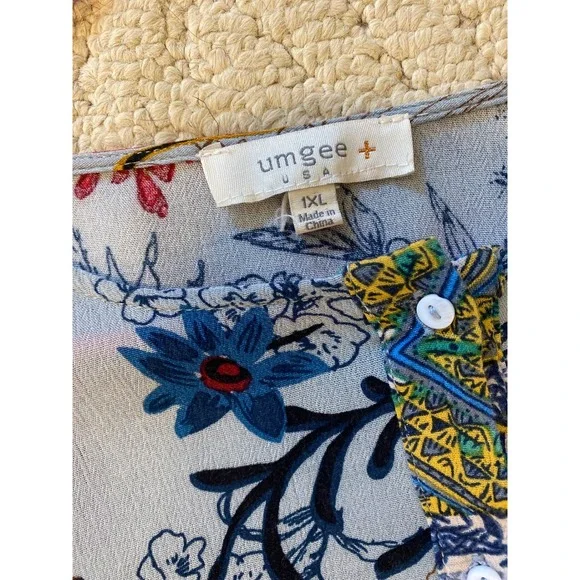 Umgee Patchwork Floral Print Handkerchief Uneven Hem Midi Dress Blue Yellow 1XL - Picture 4 of 7